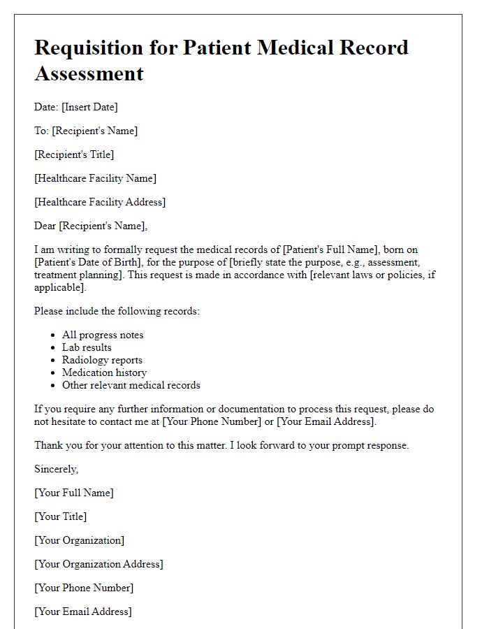 Letter template of requisition for patient medical record assessment