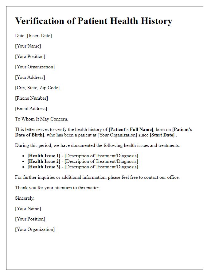 Letter template of verification letter for patient health history