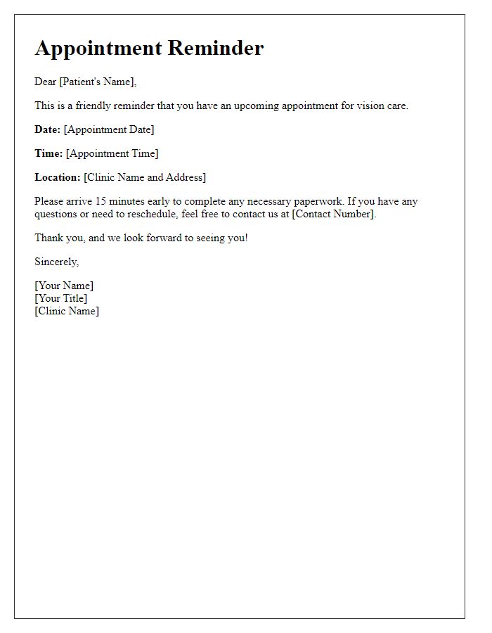 Letter template of Appointment Reminder for Vision Care