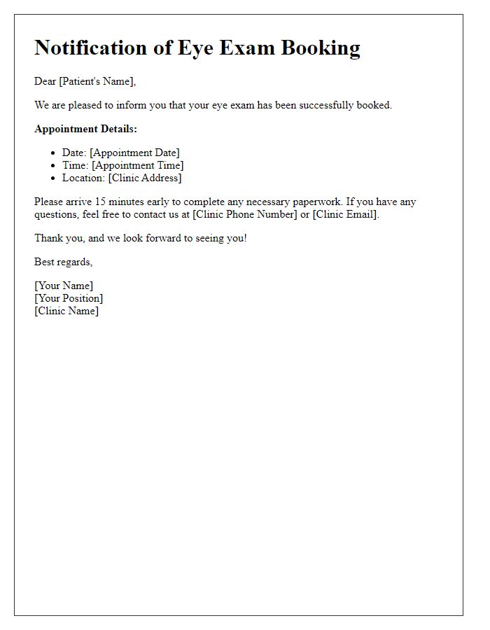 Letter template of Notification for Eye Exam Booking