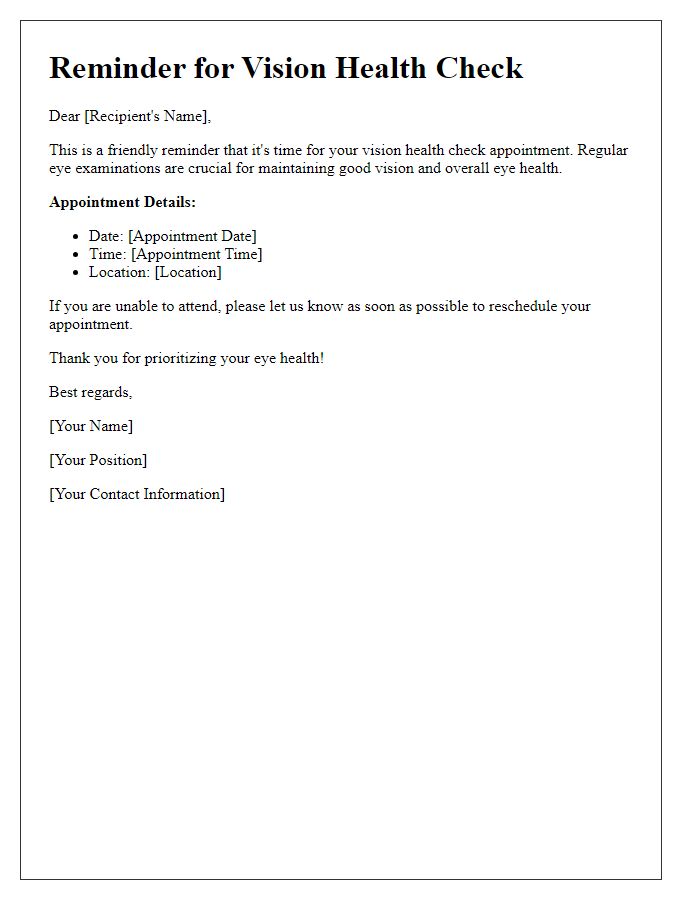 Letter template of Reminder for Vision Health Check