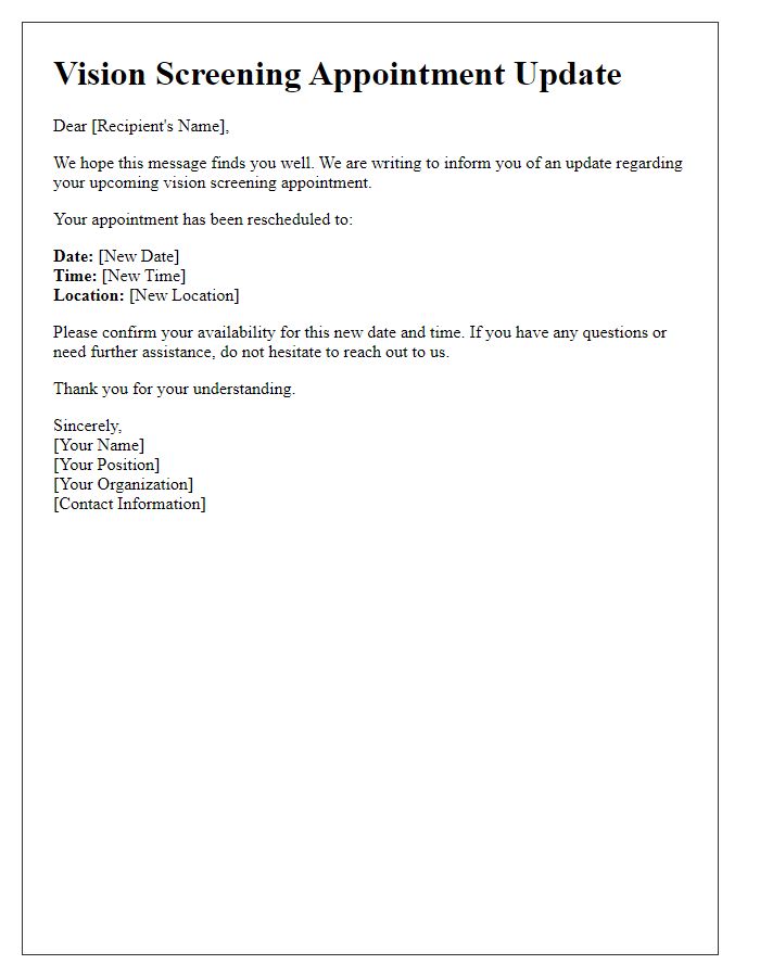 Letter template of Vision Screening Appointment Update