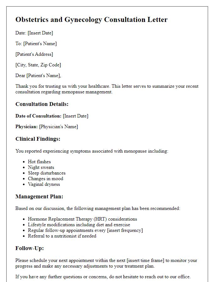 Letter template of obstetrics and gynecology consultation for menopause management