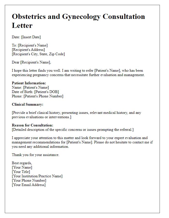 Letter template of obstetrics and gynecology consultation for pregnancy concerns