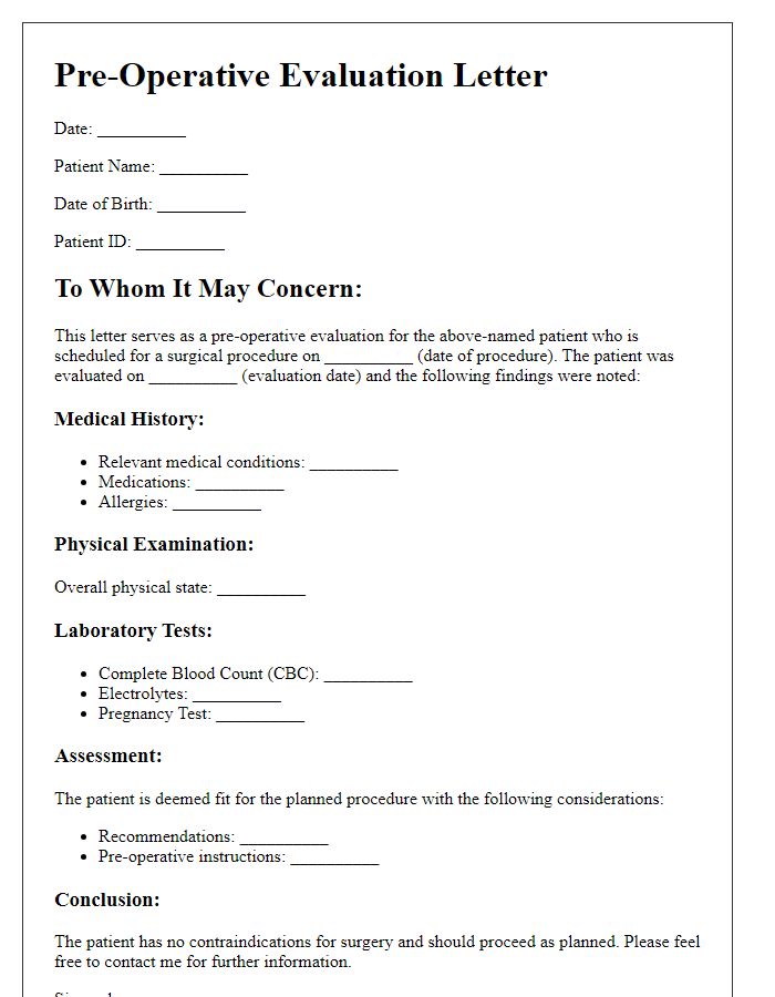 Letter template of obstetrics and gynecology pre-operative evaluation