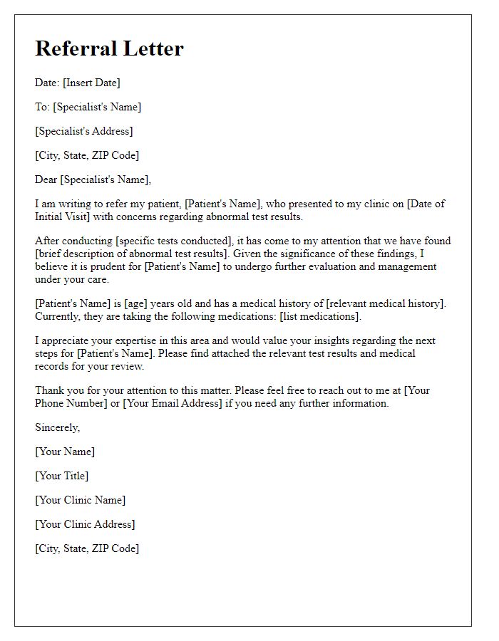 Letter template of obstetrics and gynecology referral for abnormal test results