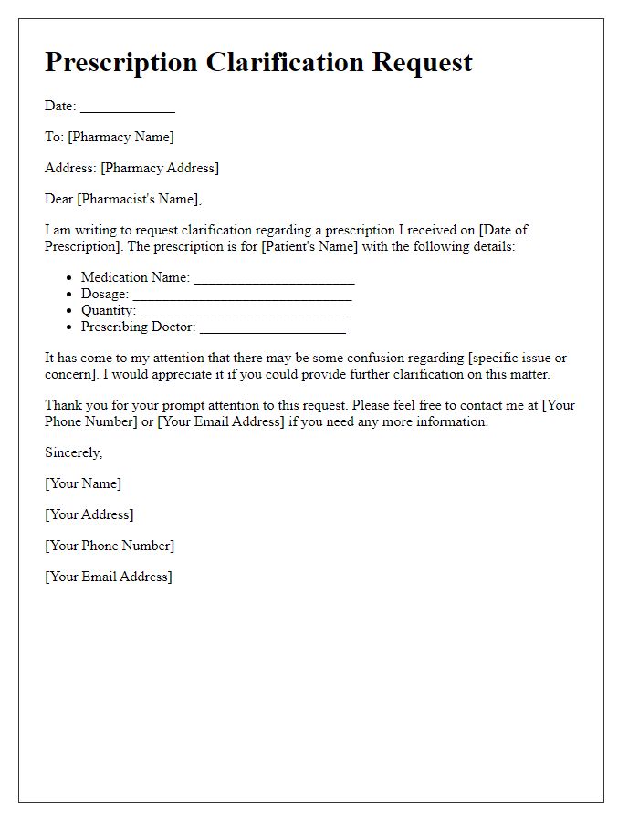 Letter template of pharmacy prescription clarification request