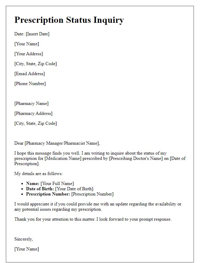 Letter template of pharmacy prescription status inquiry