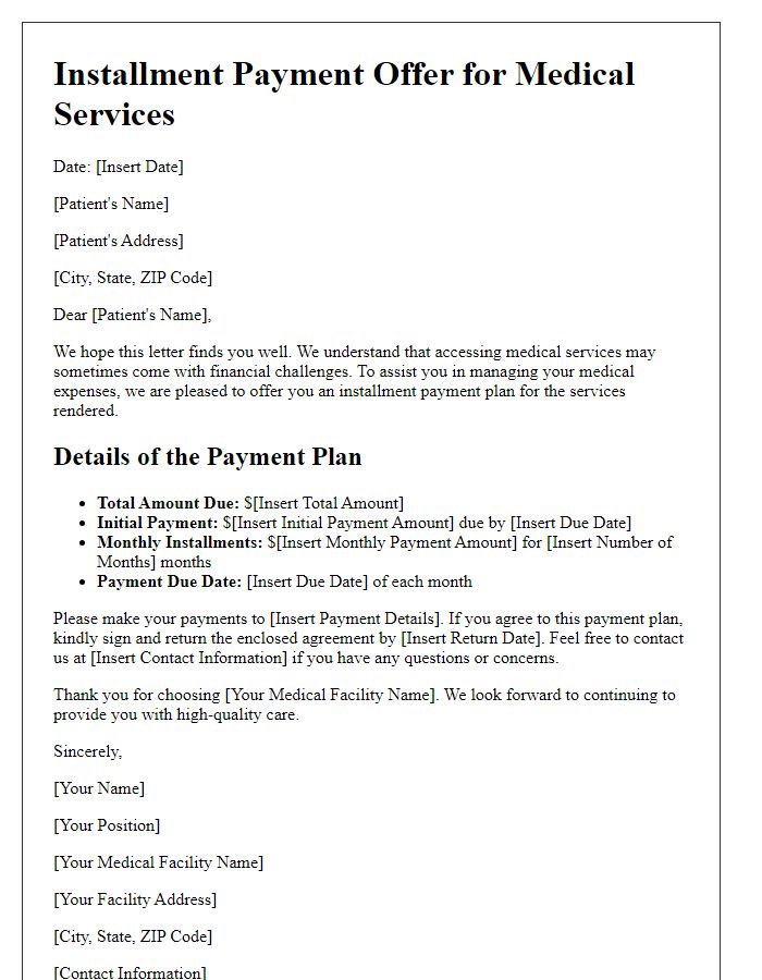 Letter template of installment payment offer for medical services