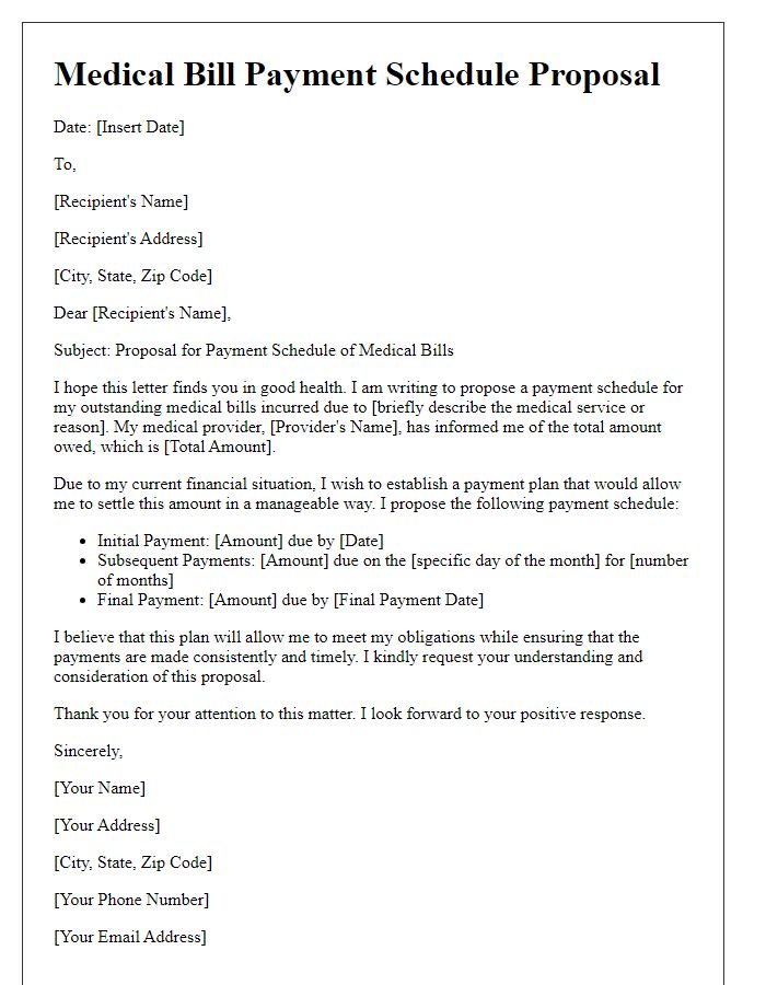 Letter template of medical bill payment schedule proposal