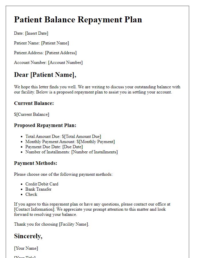 Letter template of patient balance repayment plan outline