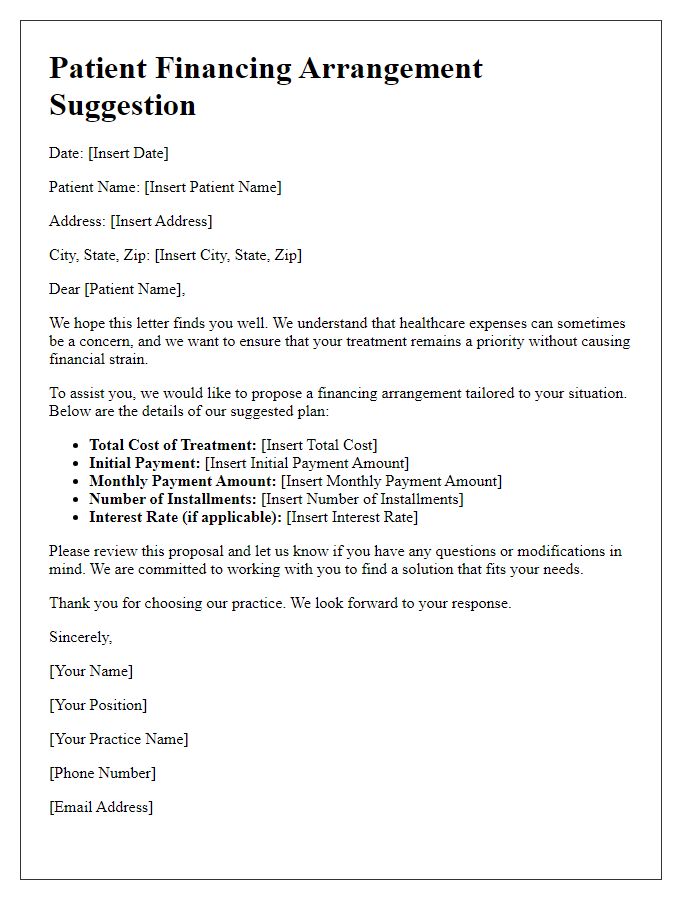 Letter template of patient financing arrangement suggestion