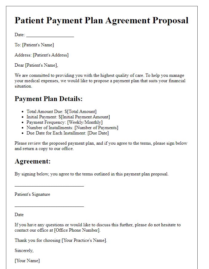 Letter template of patient payment plan agreement proposal