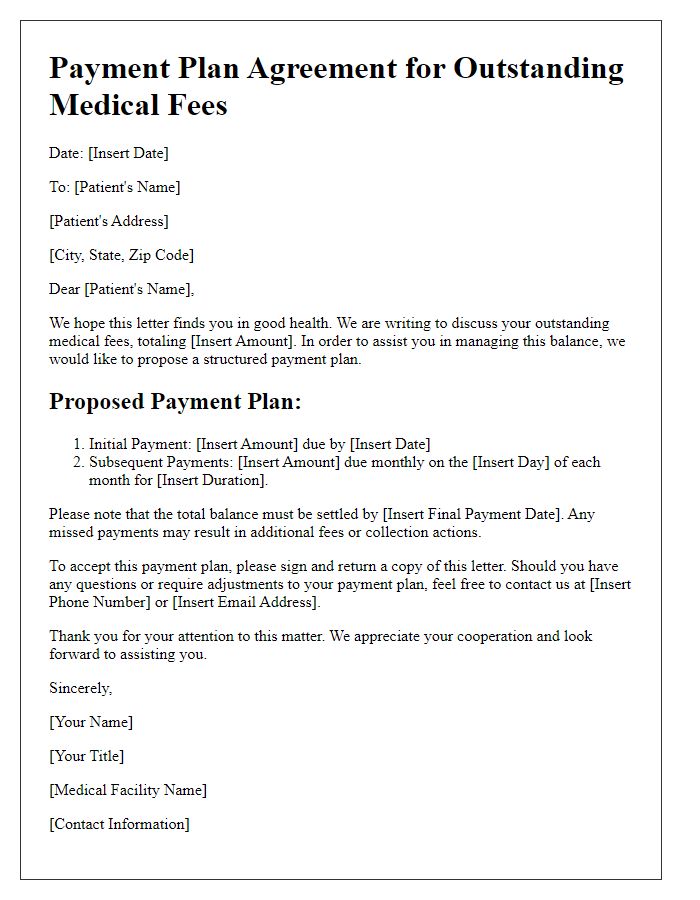 Letter template of structured payment plan for outstanding medical fees