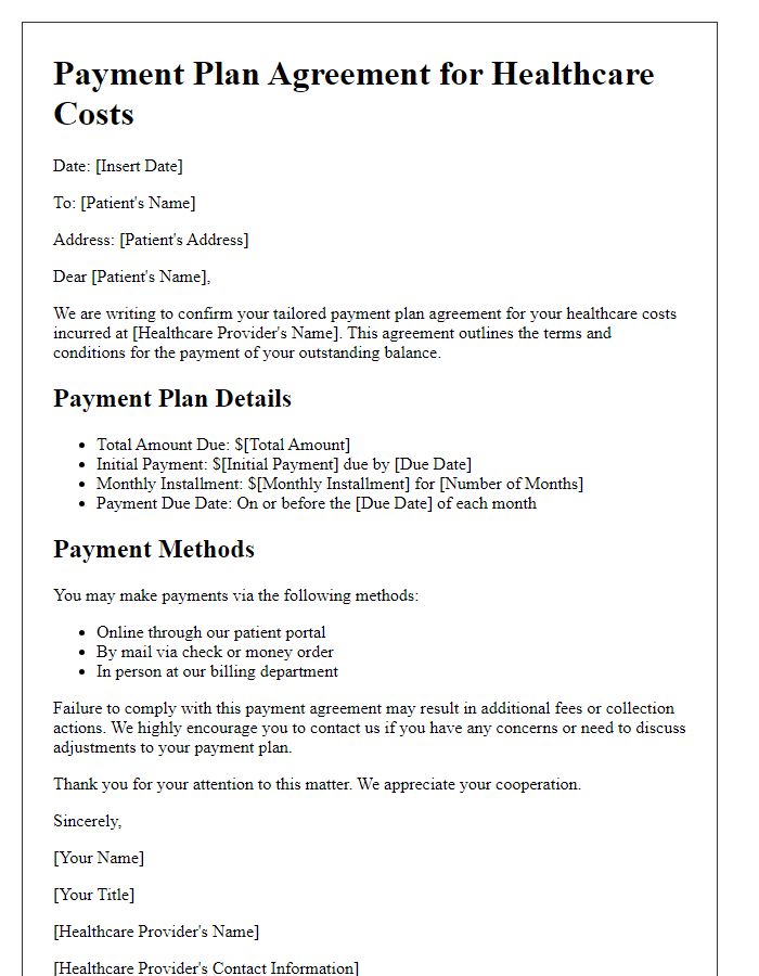 Letter template of tailored payment plan agreement for healthcare costs