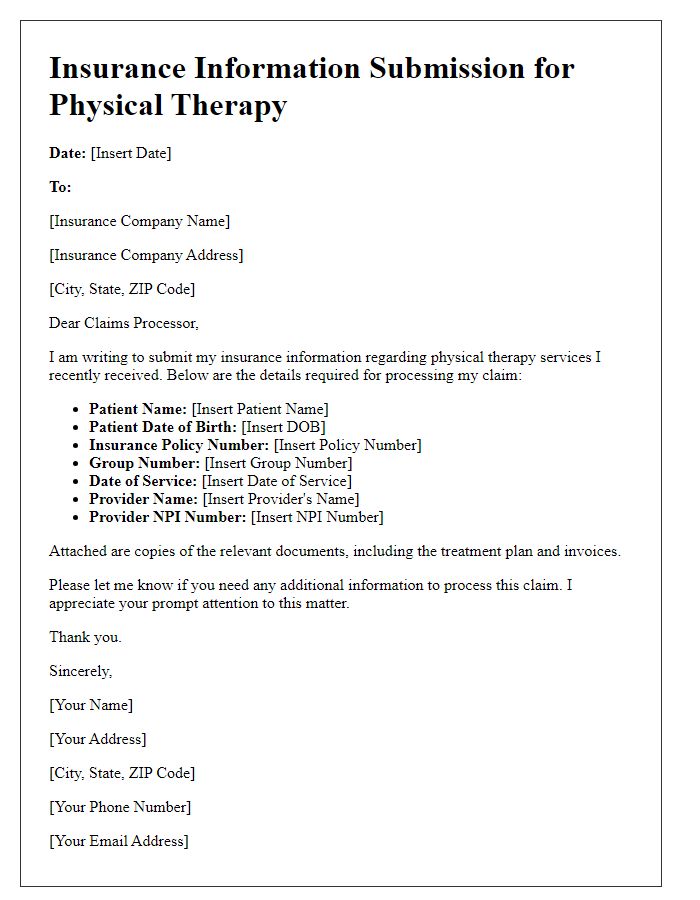 Letter template of insurance information submission for physical therapy.