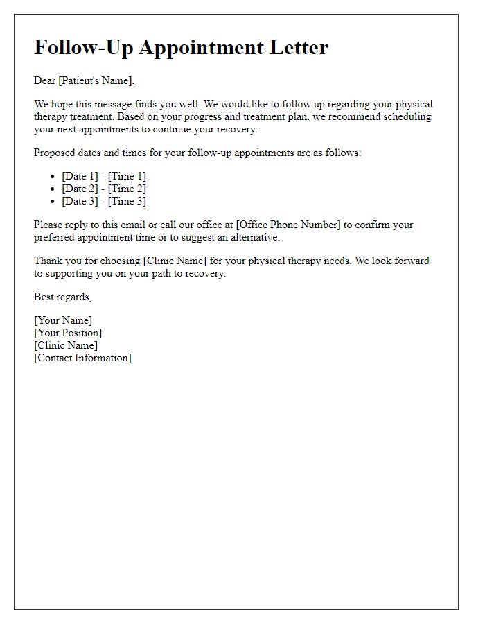 Letter template of scheduling follow-up physical therapy appointments.