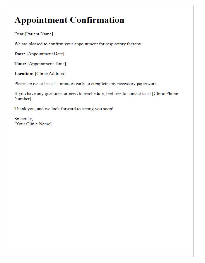 Letter template of respiratory therapy appointment confirmation