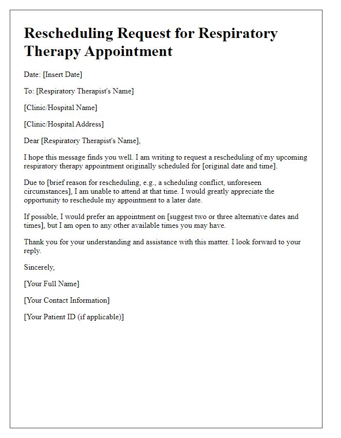 Letter template of respiratory therapy rescheduling request