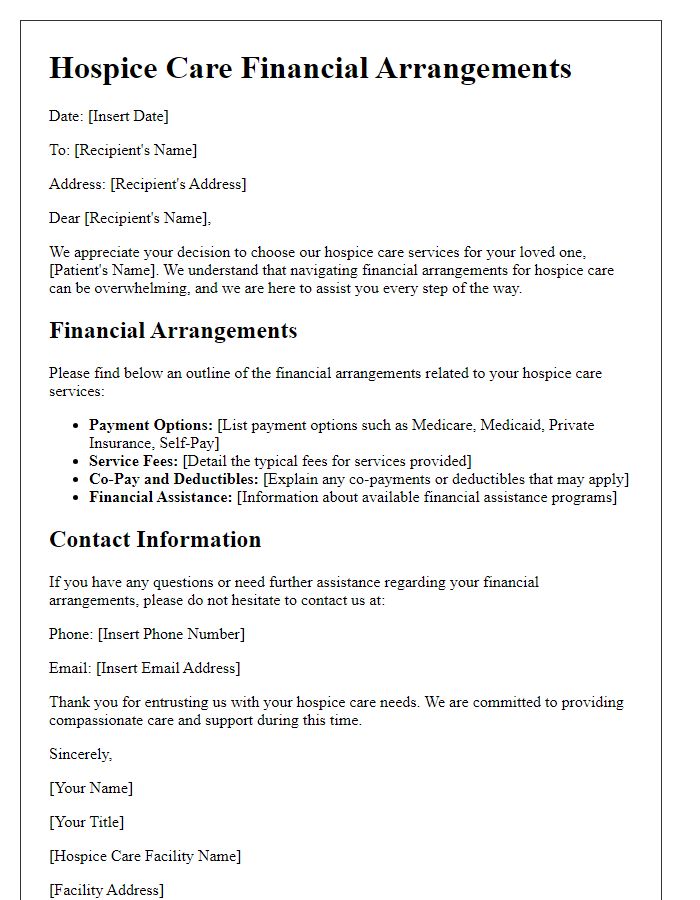 Letter template of hospice care financial arrangements.