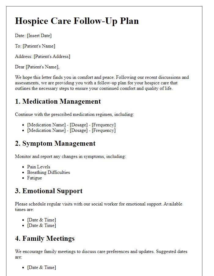 Letter template of hospice care follow-up plan.