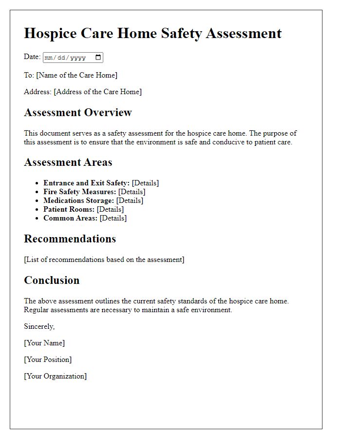 Letter template of hospice care home safety assessment.