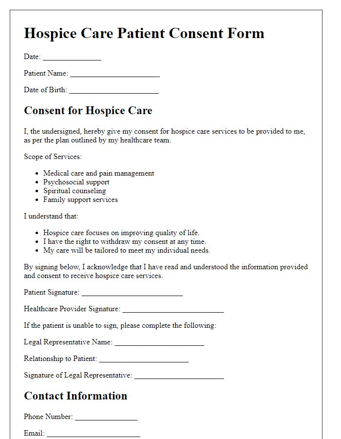 Letter template of hospice care patient consent form.