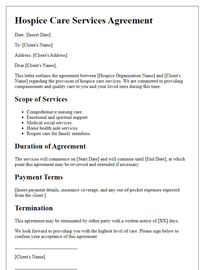 Letter template of hospice care services agreement.