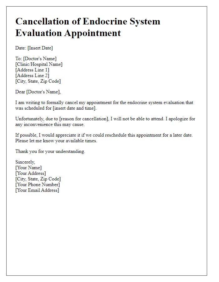 Letter template of cancellation for endocrine system evaluation appointment.