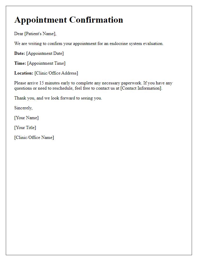 Letter template of confirmation for endocrine system evaluation appointment.