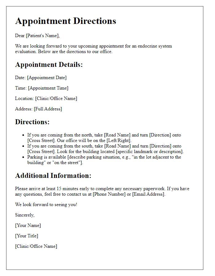 Letter template of directions to endocrine system evaluation appointment.