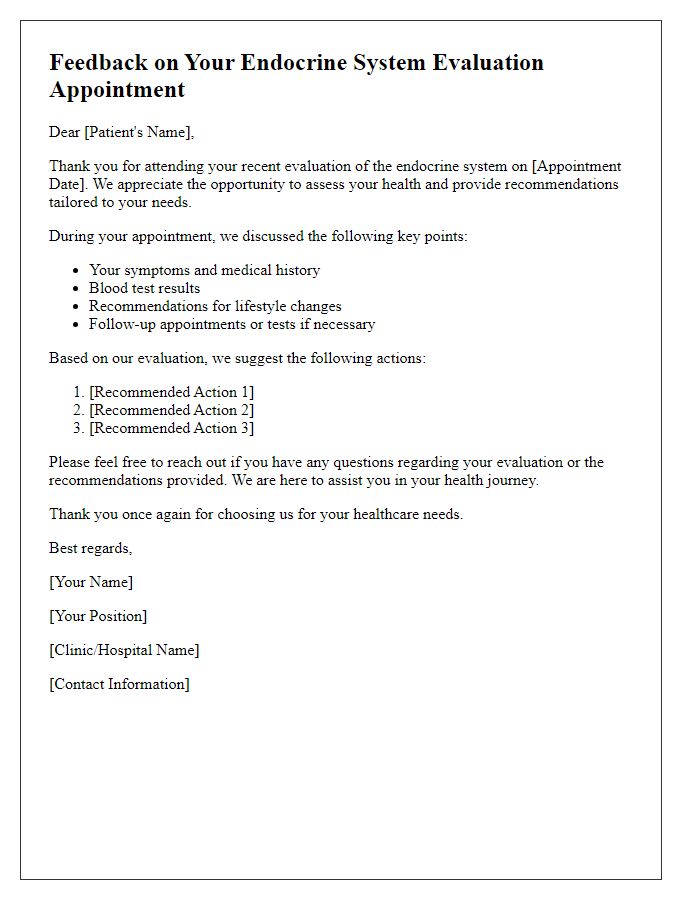 Letter template of feedback after endocrine system evaluation appointment.