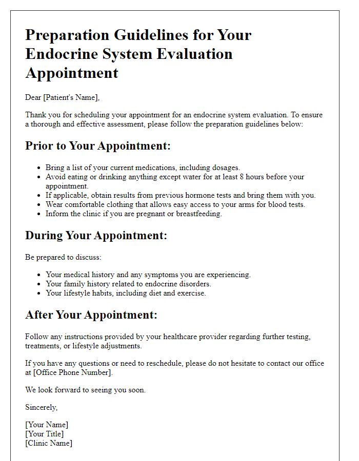 Letter template of preparation guidelines for endocrine system evaluation appointment.