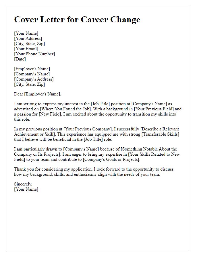 Letter template of career change job application cover letter