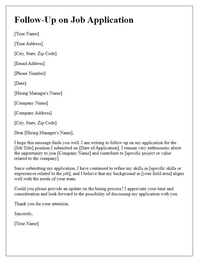 Letter template of follow-up job application cover letter