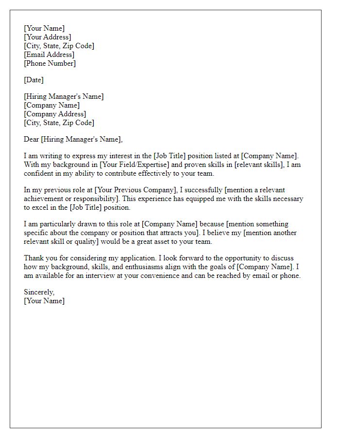 Letter template of professional job application cover letter