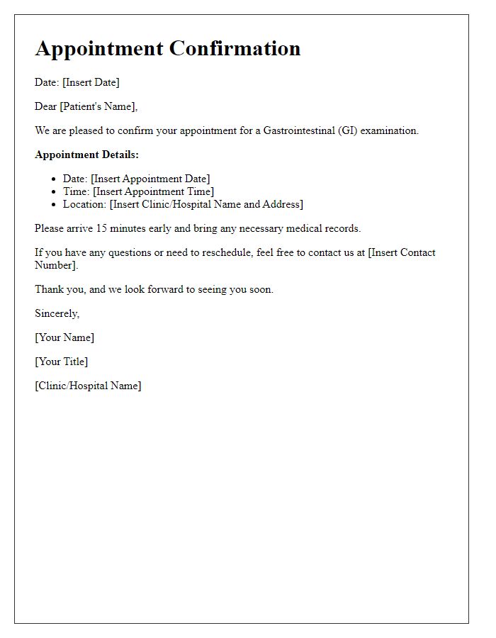 Letter template of appointment confirmation for GI examination