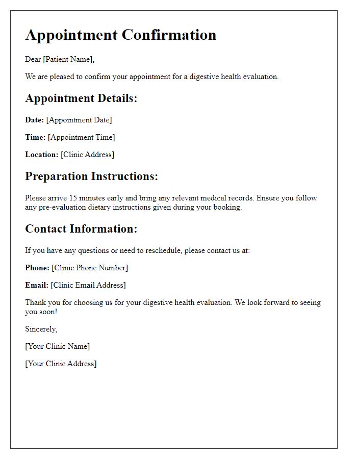 Letter template of booking for digestive health evaluation