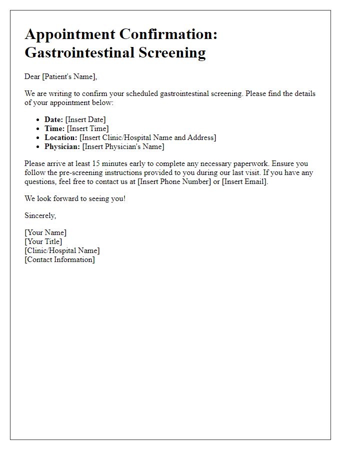 Letter template of scheduling gastrointestinal screening