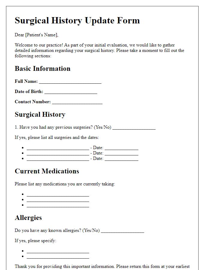 Letter template of surgical history update for new patients.