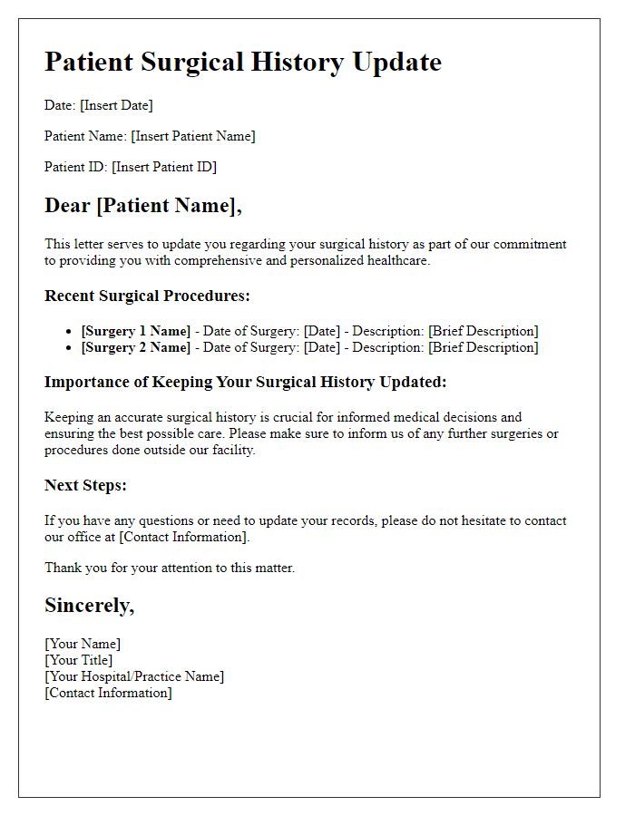 Letter template of surgical history update for patient education materials.