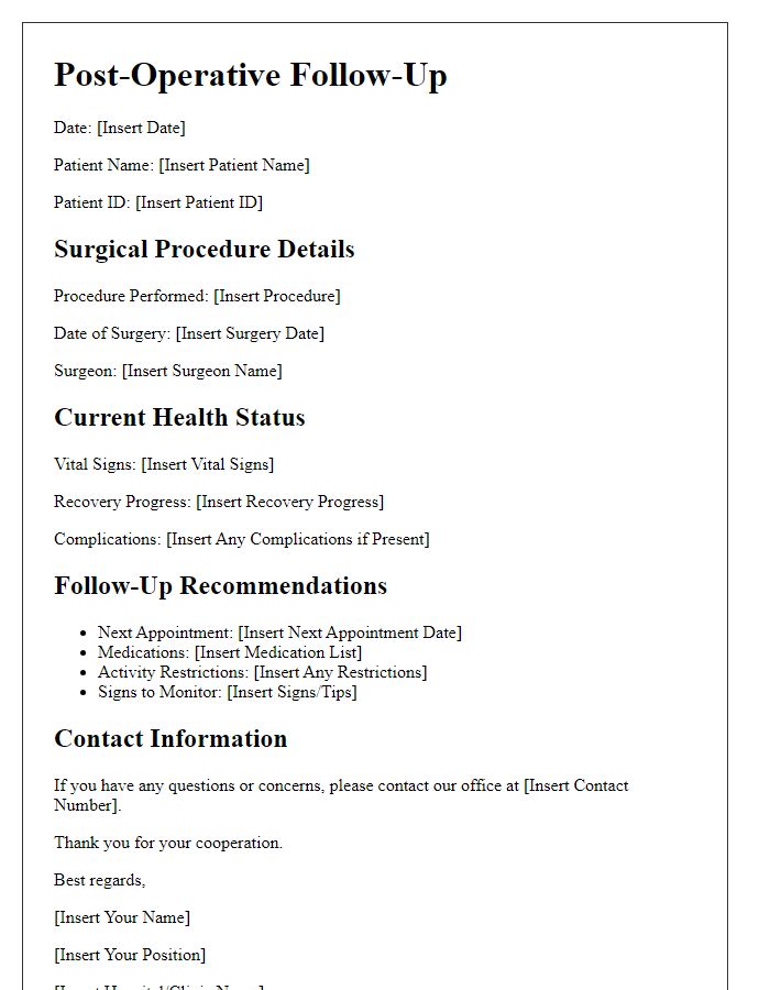 Letter template of surgical history update for post-operative follow-up.