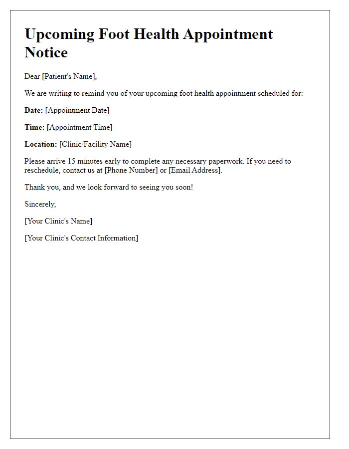 Letter template of Upcoming Foot Health Appointment Notice