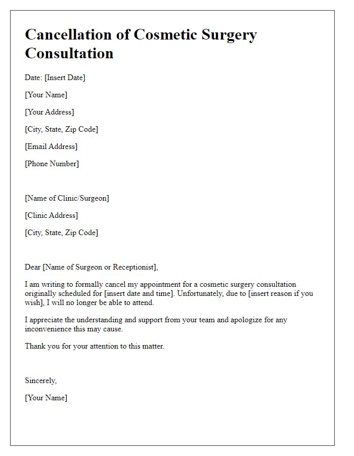 Letter template of cancellation for cosmetic surgery consultation