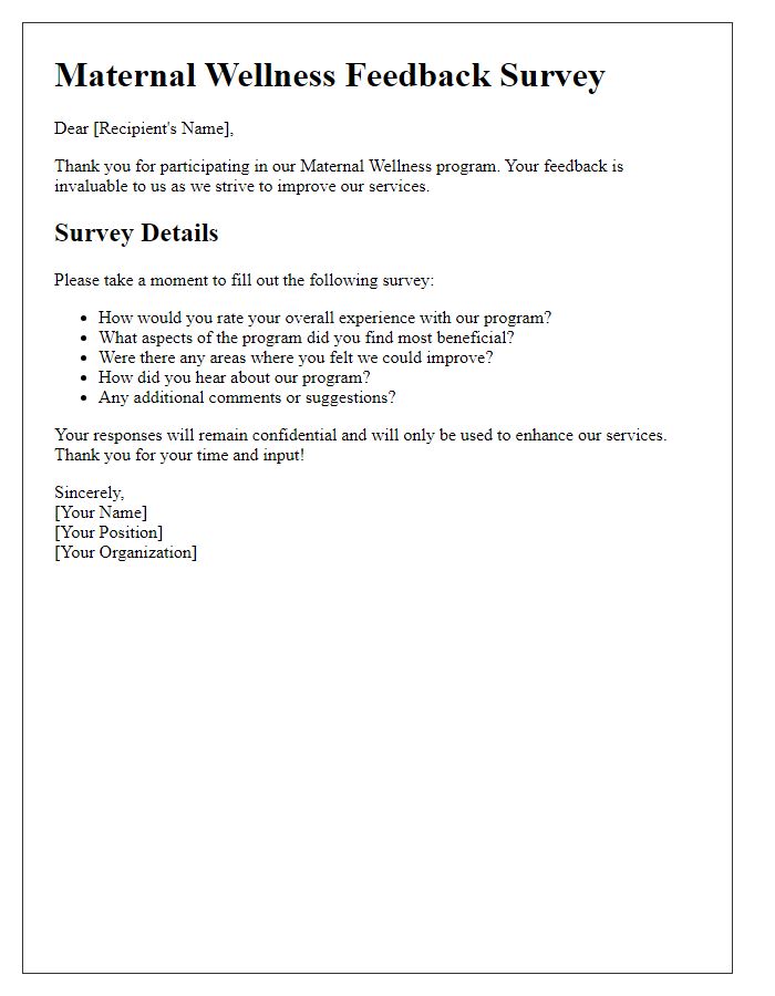 Letter template of maternal wellness feedback survey.