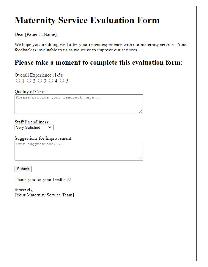 Letter template of maternity service evaluation form.