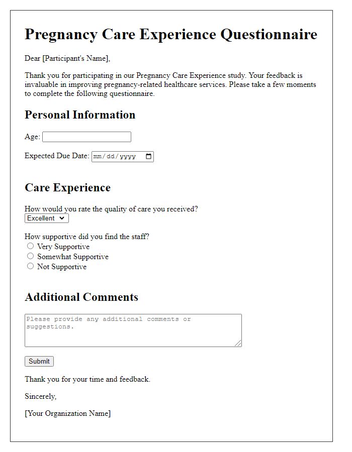 Letter template of pregnancy care experience questionnaire.