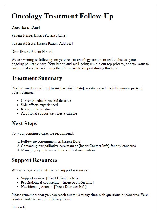 Letter template of oncology treatment follow-up for palliative care patients.