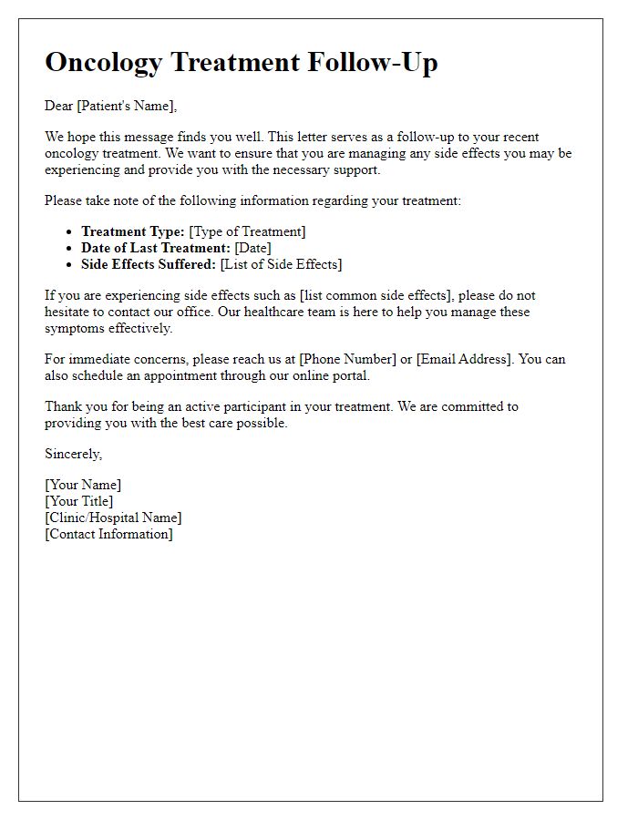 Letter template of oncology treatment follow-up for patients experiencing side effects.