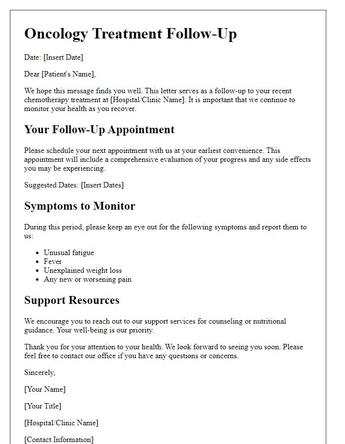 Letter template of oncology treatment follow-up for patients post-chemotherapy.